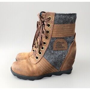 Sorel Lexie Wedge Boots Women’s Sz 6 Brown Leather Lace Up